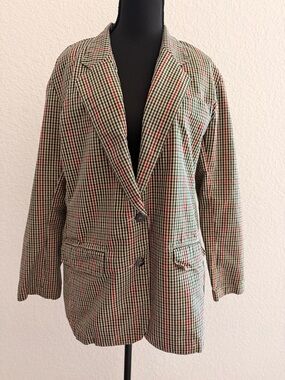 Vintage 80s Lizsport Plaid Blazer | Multicolor Checkered Cream Green Red Jacket